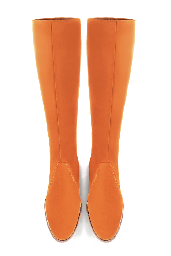 Apricot orange women's riding knee-high boots. Round toe. Low leather soles. Made to measure. Top view - Florence KOOIJMAN